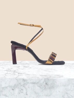 Vintage Y2K Sergio Rossi Brown Beaded Strappy Ankle Strap Buckle Sandals 6.5